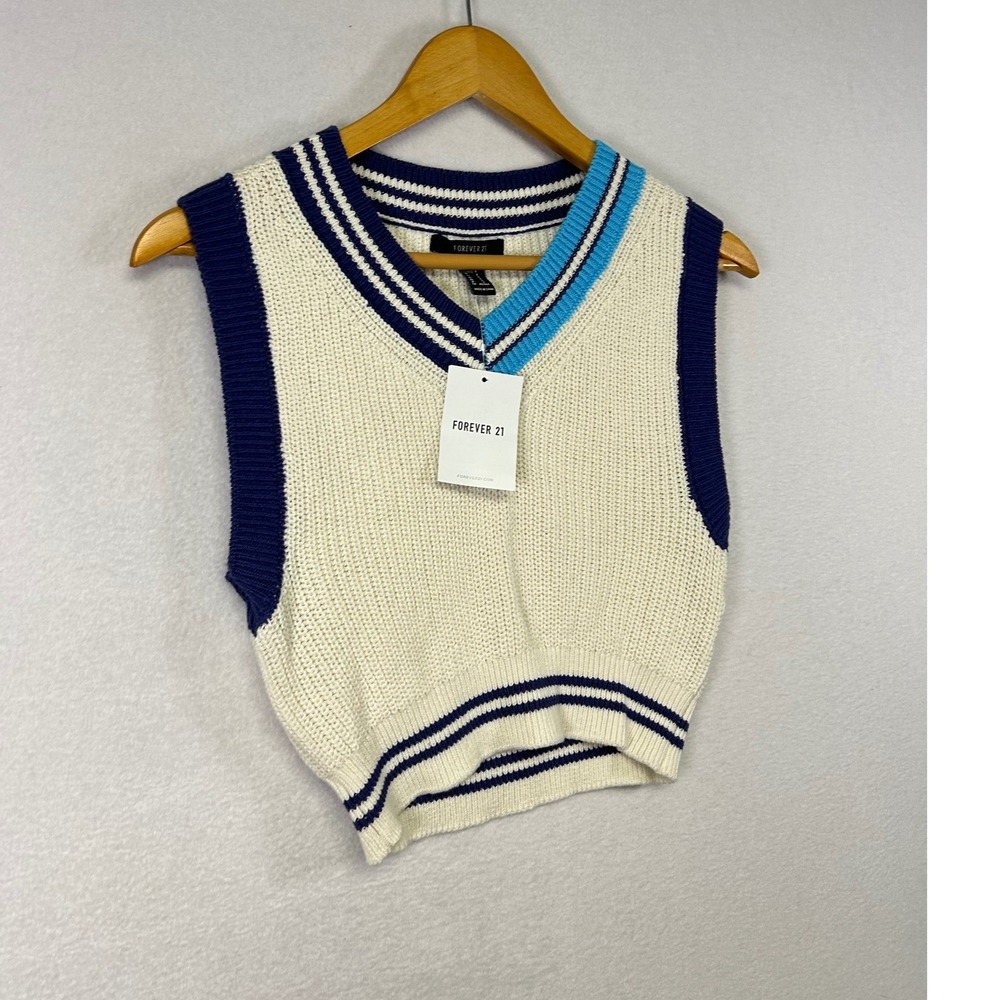 Forever 21 Cream Navy Blue Stripe V Neck Knit Sweater Vest Women's Small